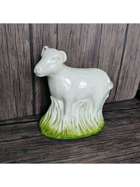 Folk Art Ceramic Lamb Sheep Figurine with Glazed Crazing, Vintage Cow Calf